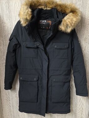ORORO Womens Heated Thermolite Black Parka with Faux Fur Hood Size Small